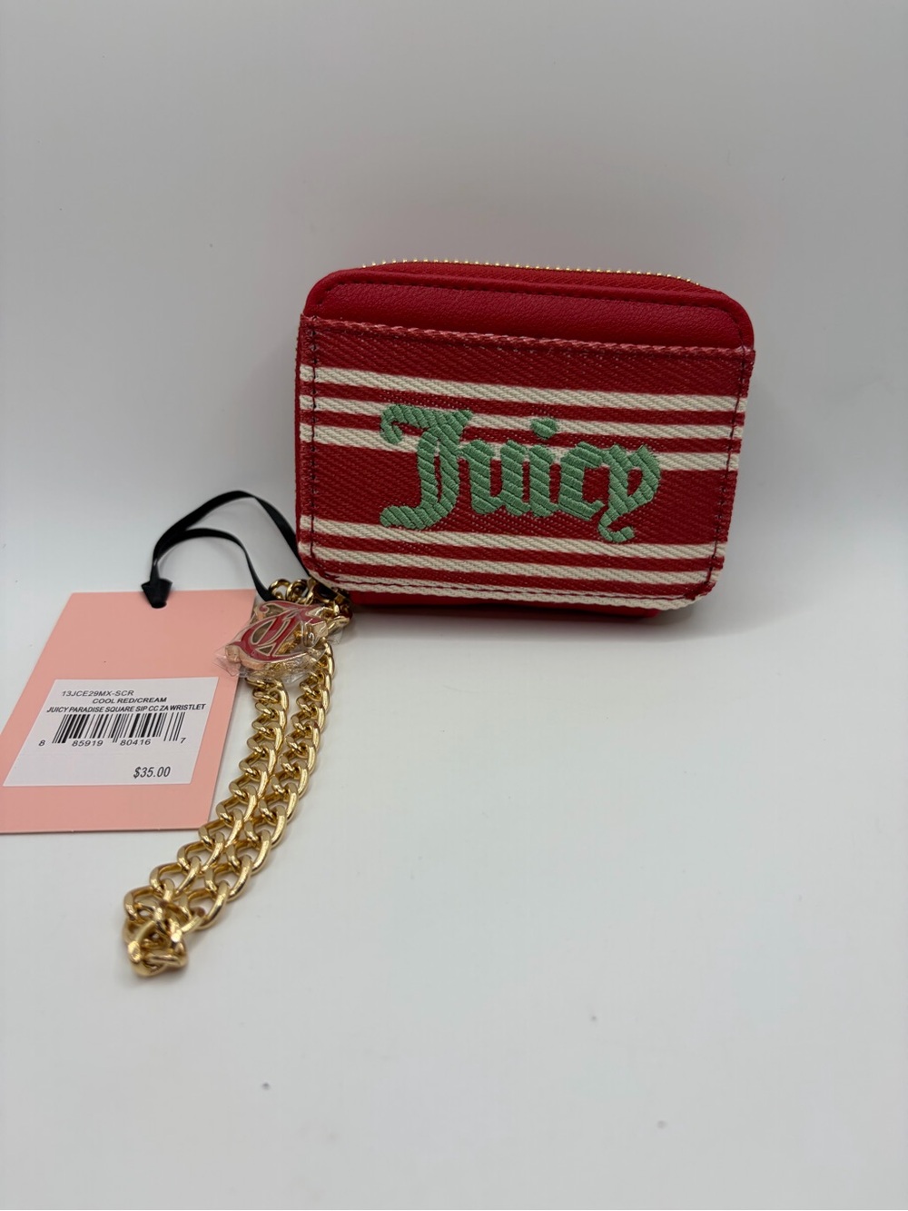 Juicy Couture Red White Striped Mini Card Holder with Gold Chain